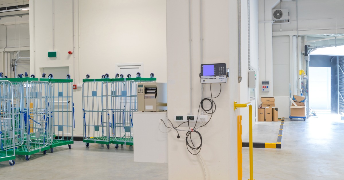 Pallet weighing scales in a warehouse with a wooden pallet placed on the weighing platform and open floor space around it.
