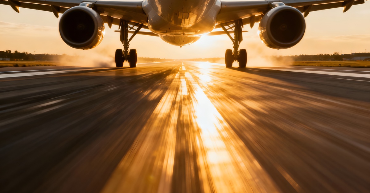 An airplane sits on a runway at sunset with golden light reflecting off the pavement and aircraft surfaces.