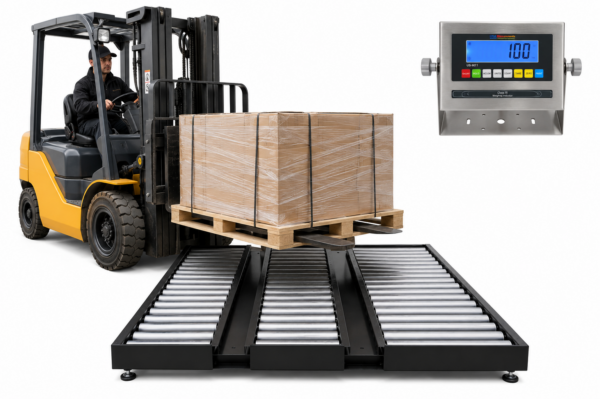 Forklift loading a pallet onto an LD3 floor scale